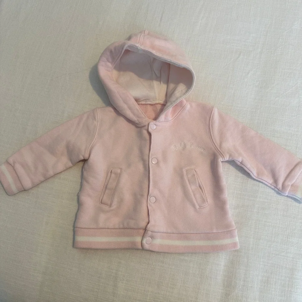 Ralph Lauren‎ Baby Girls Pink Varsity Hooded Sweatshirt Snap Front Jacket